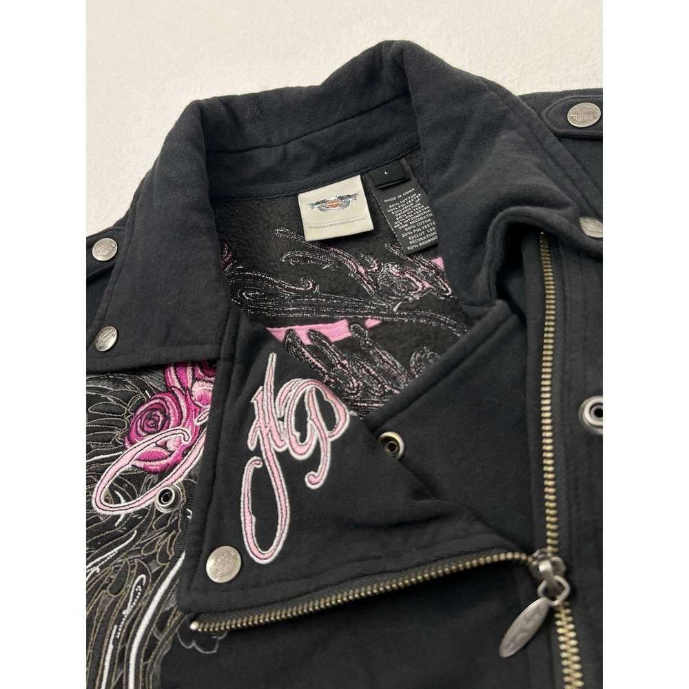 Harley Davidson Jacket Women Large Black Snap Embroidered Roses Rock Vintage Y2K - Picture 4 of 11
